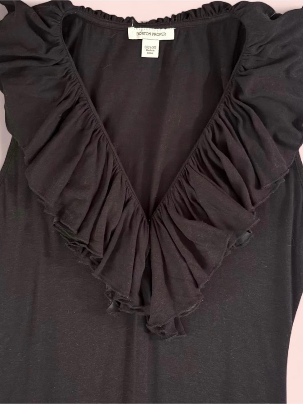Y2K Boston Proper Black Ruffle Front Silk Trim Top